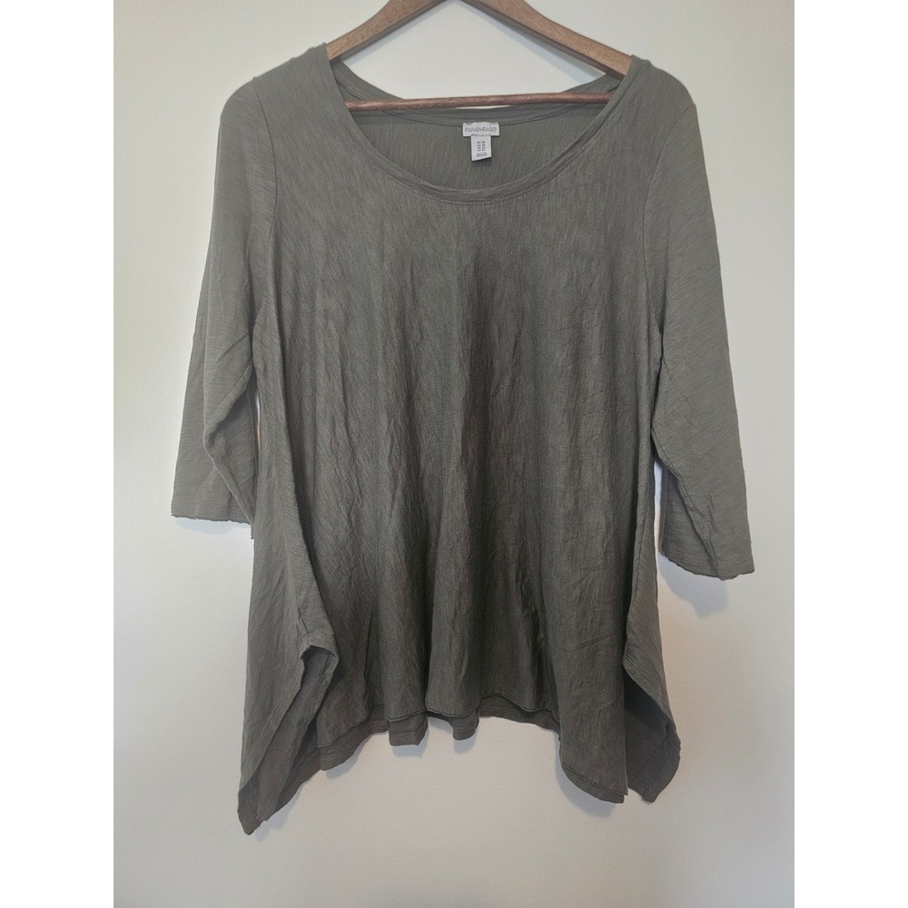 Lagenlook Paraphrase Sharkbite Tunic Women 1X Olive Green Cotton Modal Slub Knit